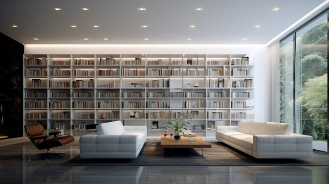 Luxury library, large, spacious, illuminated, minimalist and elegant. Walls full of books, wide spaces and large windows. Relaxing spaces.
