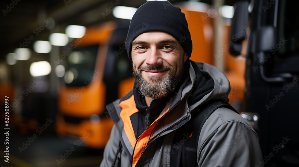 Wall mural truck driver stand in front of the vehicle happy smile confident