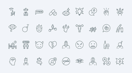 Stress thin line icons set vector illustration. Outline symbols of anxiety and tiredness, hangover and work burnout, tired sick man with low battery, angry and nervous person with steam from head