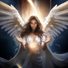 Mystical female angel sending light and blessings - obrazy, fototapety, plakaty