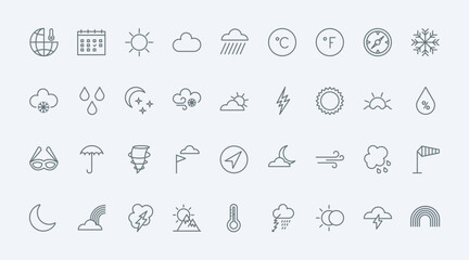 Weather thin line icons set vector illustration. Outline meteorology forecast info symbols, rain and wind, sun with cloud and lightning, cold and hot temperature on thermometer and air humidity