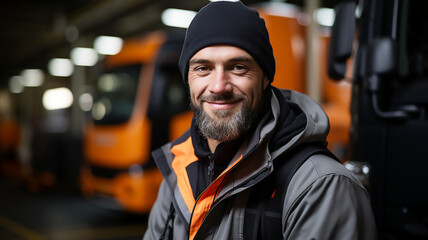 Obraz premium truck driver stand in front of the vehicle happy smile confident