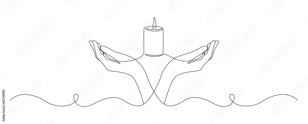 Aufkleber one continuous line drawing of hand holding candle. symbol of prayer and church concept in simple li