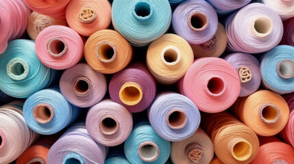 Fototapeta premium Bobbins of pastel threads. Background of pastel threads. Bobbins and colored threads. Sewing workshop. Thread shop. Pastel colored threads. Thread wall.