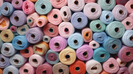 Bobbins of pastel threads. Background of pastel threads. Bobbins and colored threads. Sewing workshop. Thread shop. Pastel colored threads. Thread wall.
