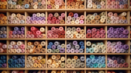 Bobbins of pastel threads. Background of pastel threads. Bobbins and colored threads. Sewing workshop. Thread shop. Pastel colored threads. Thread wall.