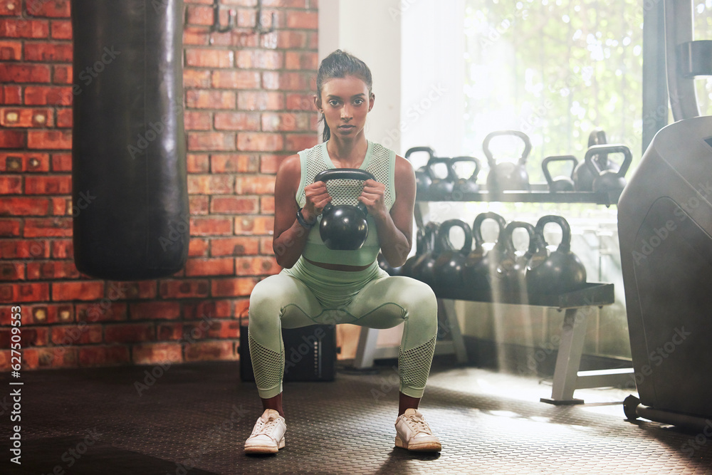 Poster fitness, kettlebell and portrait of a woman in the gym doing strength legs and arms training. sports