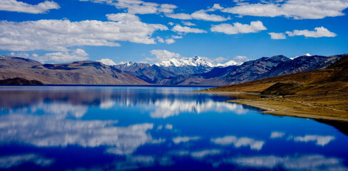 Tso Moriri Lake mirroring the distant snowy peaks with tranquility