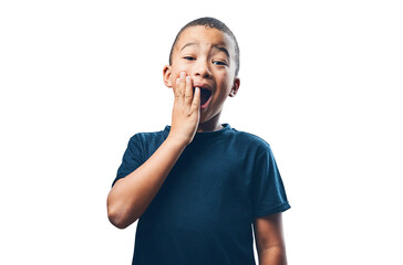 Young boy, happy surprise in portrait and amazed with facial expression isolated on png transparent background. Shock face, wow and emoji, male child with wonder and reaction to news or announcement