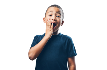 Young boy, happy surprise in portrait and amazed with facial expression isolated on png transparent background. Shock face, wow and emoji, male child with wonder and reaction to news or announcement