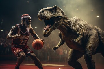 3d render of a fun-filled image of dinosaurs competing in basketball sport event. Generative Ai