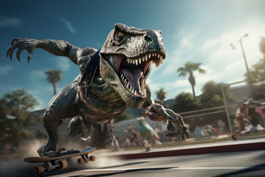 3d render of a fun-filled image of dinosaurs competing in skateboard sport event. Generative Ai