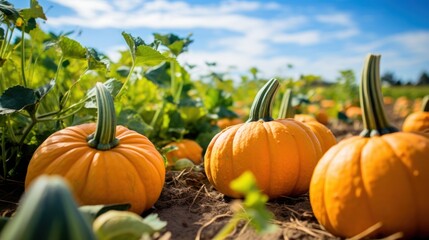 Autumn harvest with pumpkins, bright orange pumpkins settled among green leaves under a blue sky, signifying the bounty of fall.