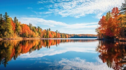 Naklejka na ściany i meble Autumn landscape with lake, A breathtaking view of a calm lake, mirroring the fiery autumn trees and clear blue sky, encapsulating the essence of a serene fall day.