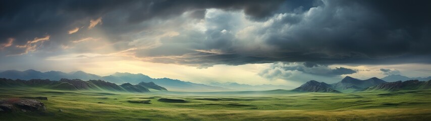 Panoramic view of grassland before a storm,  dramatic panorama of a stormy sky over a lush green valley, highlighting nature's contrast and beauty.