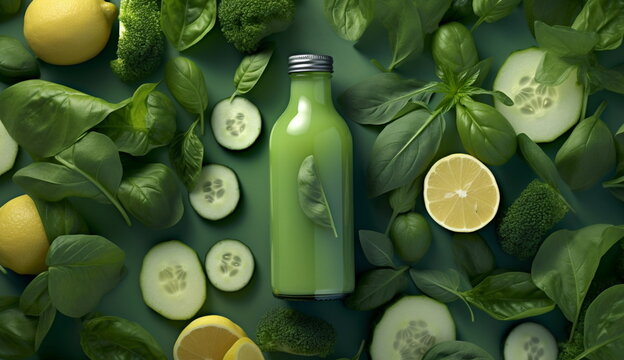 A refreshing and vibrant image of a green herbal drink infused with natural ingredients. Based on Generative Ai