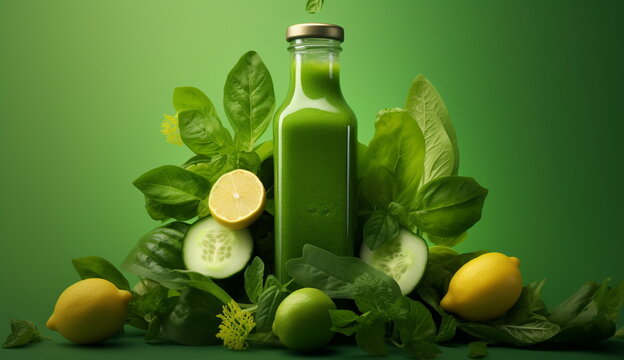 A refreshing and vibrant image of a green herbal drink infused with natural ingredients. Based on Generative Ai