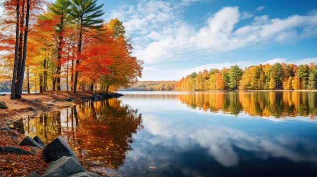 Lakeside autumn forest reflection, vibrant autumn trees reflecting perfectly in the clear, calm waters under a blue sky, trees in mid-fall splendor cast a mirror image on the calm water.
