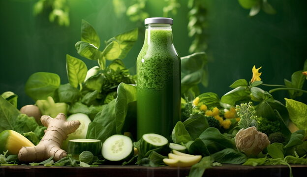 A refreshing and vibrant image of a green herbal drink infused with natural ingredients. Based on Generative Ai
