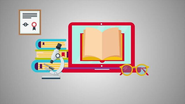 Learning, Education, and Technology: E-Learning Platform on a Laptop, Smartphone App, and Books - 2D Animated Video