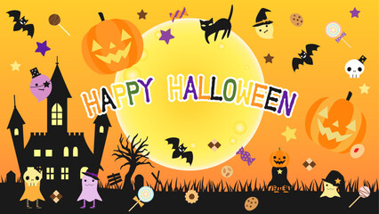 お化けやお菓子などをちりばめたハロウィンのカード　アスペクト比16：9バージョン