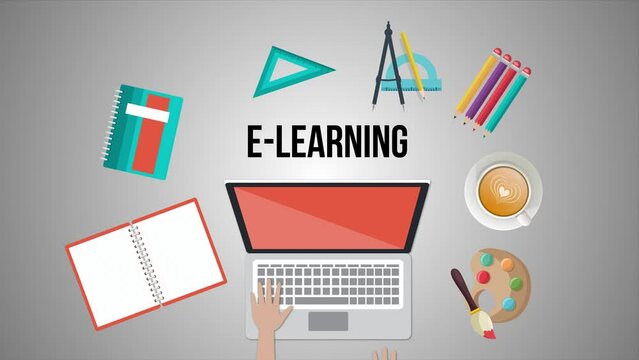 Online Learning Animation with 2D Animation, Distance Learning Concept.