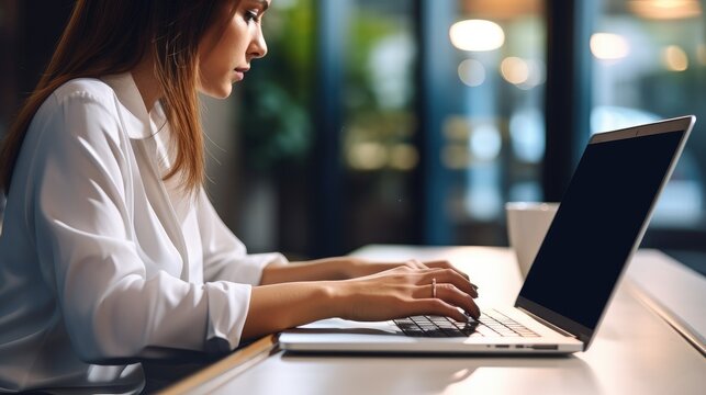 Young woman, girl student using laptop elearning or remote working at home office using laptop. Generative AI