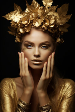 Beauty ,fantasy, woman, face in gold, paint. Golden shiny skin, Fashion, model, girl, image goddess. Glamorous, crown, wreath, roses, jewellery ,accessories. Professional, metallic, makeup. hand ,hold