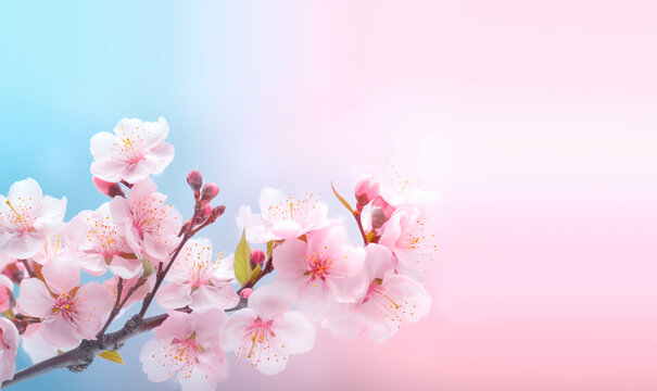 Nature's Delight: Captivating Cherry Blossom Sprig on a Vibrant Pink-Blue Canvas