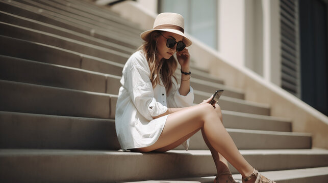 Image of beautiful. stylish woman. sitting. on street stairs. with legs crossed. on summer day .and holding. mobile phone