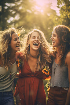 Image of four young, attractive, girls, having fun outdoors,  