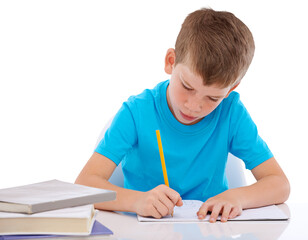 Education, writing and notebook with boy on png for learning, knowledge and study. Homework, school...