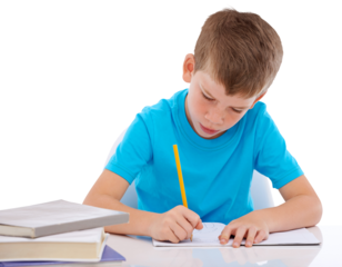 Education, writing and notebook with boy on png for learning, knowledge and study. Homework, school and assessment with young student isolated on transparent background for child development
