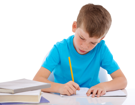 Education, writing and notebook with boy on png for learning, knowledge and study. Homework, school and assessment with young student isolated on transparent background for child development