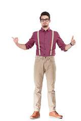 Man, isolated and Shaka hand sign, portrait and deal, sale and hipster nerd style with glasses....