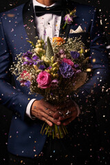 Man in a suit holding a bouquet of flowers with festive tinsel and confetti on a dark background. Generative AI