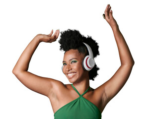 Dance, black woman listening to music with headphones and freedom isolated against a transparent...