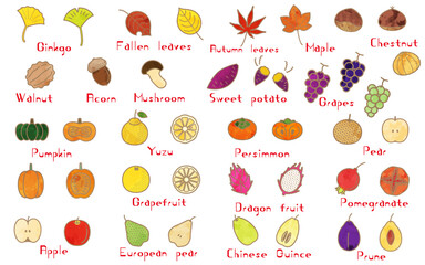 水彩風の秋ののモチーフ食べ物、落ち葉のアイコンセット
