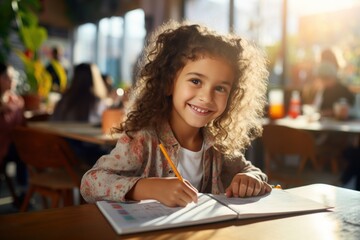 Preschooler girl drawing in notebook at table in middle class school education