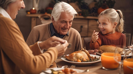 A happy family having dinner. They could be celebrating Thanksgiving. Generative AI. 
