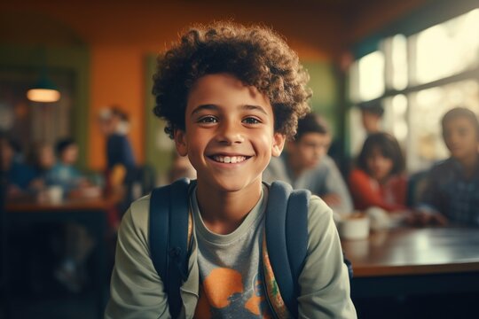 School Boy In A Laptop At Table In Middle Class School Education