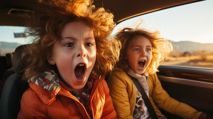 Kids with scared expressions riding in a car. Generative AI.  - obrazy, fototapety, plakaty