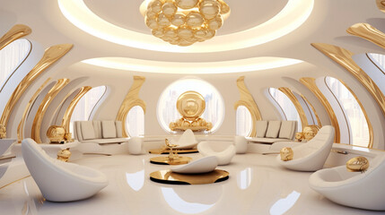 Futuristic rooms in large, luxurious and illuminated spaces. Futuristic, elegant and large sofas and beds. Architecture of the future, elegant, luxurious and minimalist. Rooms in a spaceship.