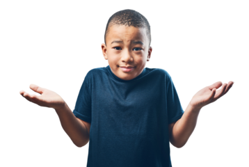 Portrait, cute and boy with doubt, shrug and decision isolated against a transparent background. Face, male child and young person thinking, confused and kid with a choice, png or question with emoji