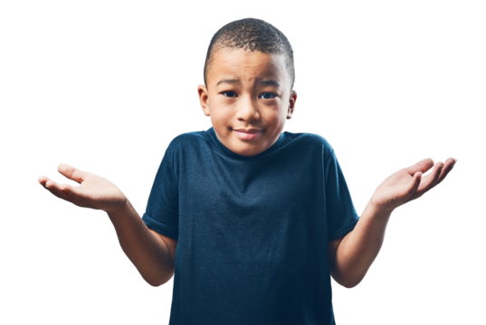 Portrait, cute and boy with doubt, shrug and decision isolated against a transparent background. Face, male child and young person thinking, confused and kid with a choice, png or question with emoji