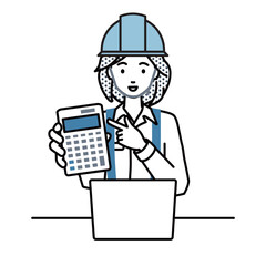 座ってデスクでノートPCを開いて電卓を指差してこちらに向けて見せている工事現場の女性