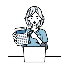 座ってデスクでノートPCを開いて電卓を指差してこちらに向けて見せている看護師の女性
