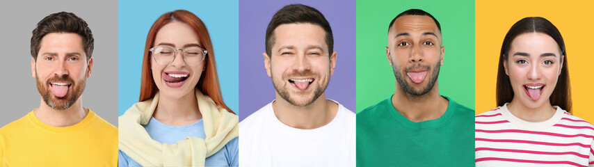 Collage with photos of people showing their tongues on different color backgrounds