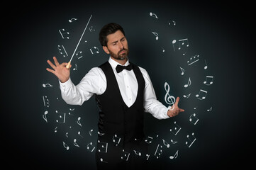 Conductor with baton and music notes on dark background