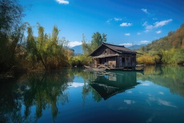Fototapeta na wymiar Serene wooden house on the banks of the river., generative IA